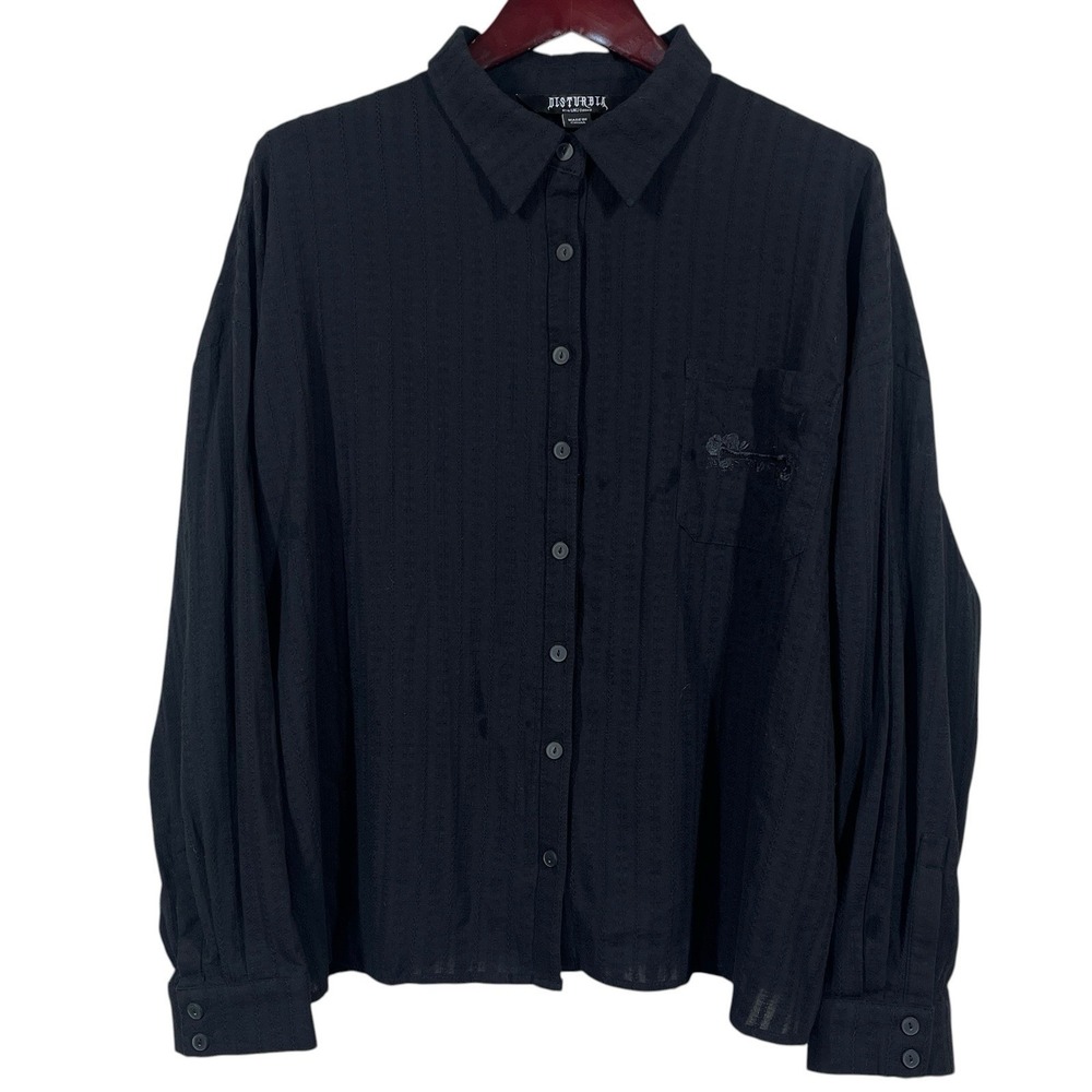 Disturbia Semi-Sheer Boxy Button Shirt Sz 16 Black Textured Stripes Goth Whitchy